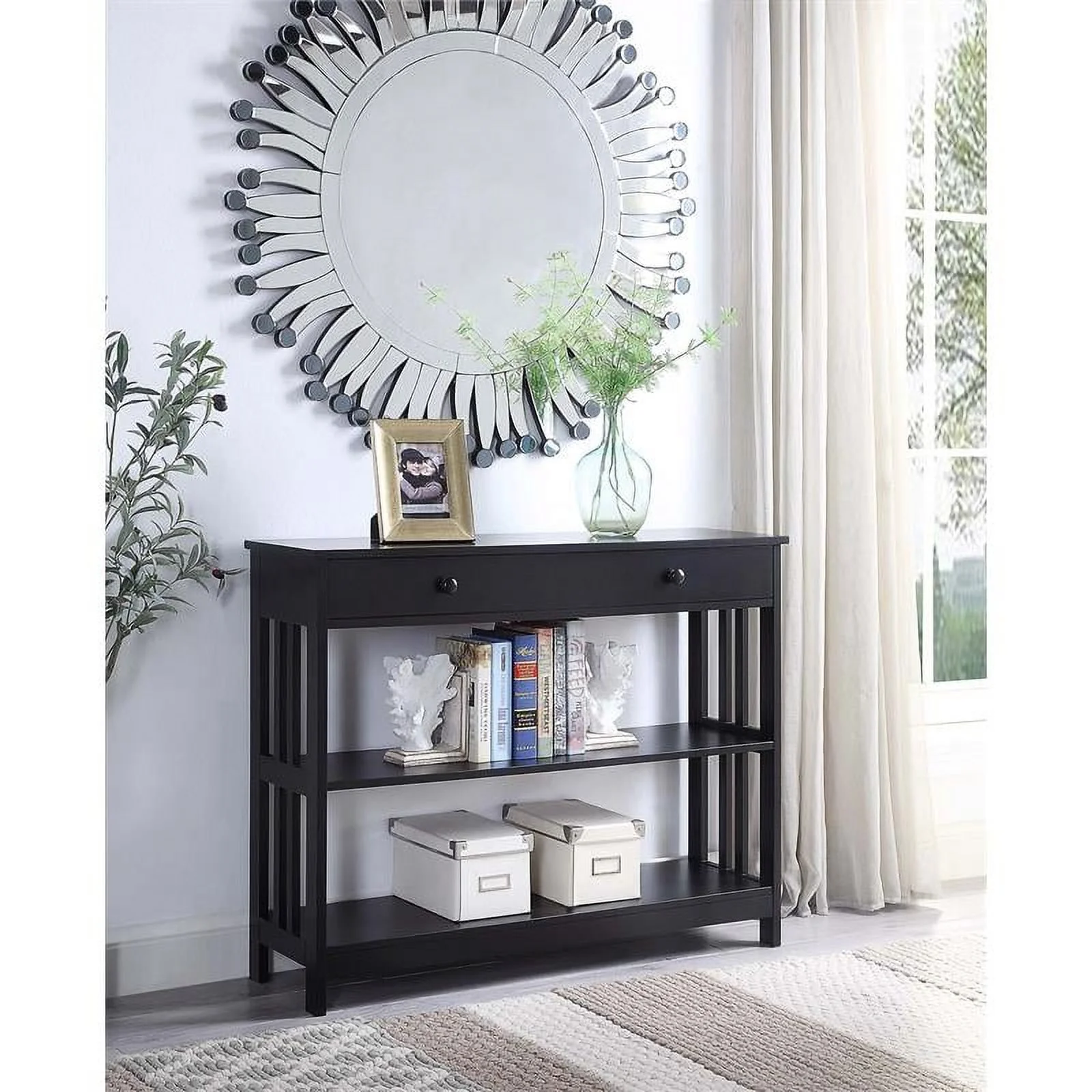 Pemberly Row Transitional Mission One-Drawer Console Table in Black Wood Finish