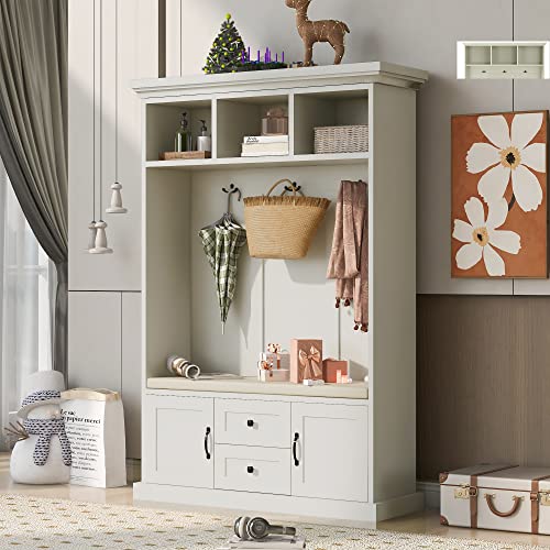 47'' Widen Hall Tree Coat Hanger with 3 Hooks and Storage Bench, Beige 3-in-1 Design Wood Entryway Coat Rack with Open Storage Shelves and Shoe Bench for Entrance Hallway Beige(White-47)