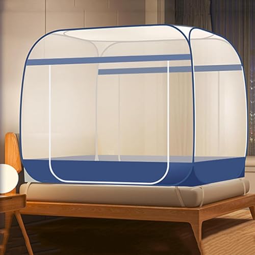 Folding Mosquito Net Tent Canopy Curtains for Beds, Pop Up Portable Netting, Full Bottom Square Top Yurt Mosquito Net, for Woman Adults & Boys Girls Twin/Queen,Blue,150