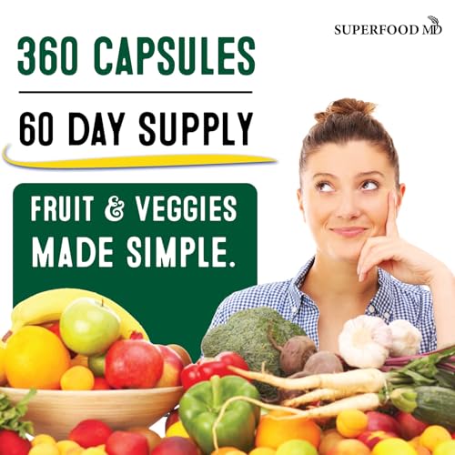 Superfood Fruit and Veggie Supplement - 360 Whole Super Fruit and Vegetable Supplements & Vitamin, Natural Energy Levels, with Olive Leaf Soy Free- 180 Count (Pack of 2)