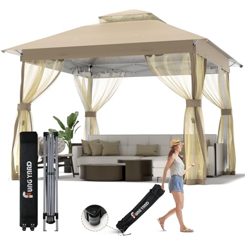 Outdoor Pop Up Gazebo 10x10 - Instant Canopy Tent with Mosquito Nettings, Double Roof Vented Gazebos Tents Shelter for Backyard Shade Party Garden Lawns (Brown, 10x10)
