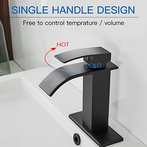 BWE Bathroom Faucet Modern Oil Rubbed Bronze Waterfall Single Hole Faucet for Bathroom Sink Single Handle with Pop Up Drain with Overflow Assembly and Supply Line Lavatory Bath Faucet Lead-Free
