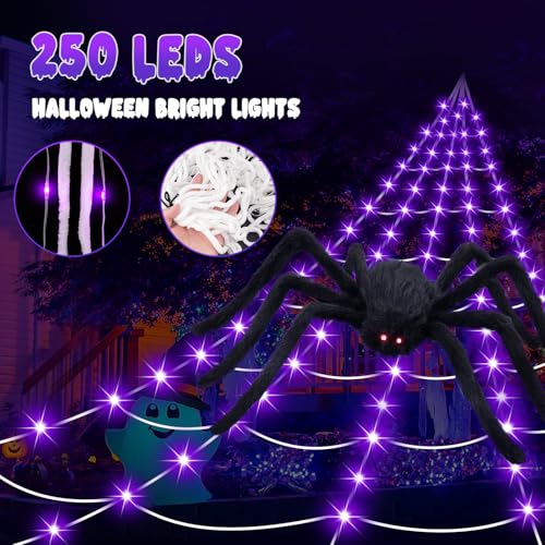 Halloween Decorations Spider Web Lights, 250 LED 16.4Ft Light Up Spider Web with 59 Inch Giant Spider, Scary Lighted Outdoor Halloween Decoration for Yard Lawn Haunted House Indoor Outdoor Decor