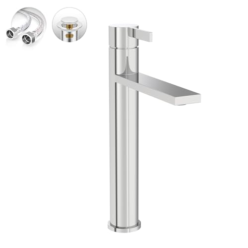 Phiestina Brushed Gold One Hole High Bathroom Vessel Sink Faucet, Single Hole Single Handle Tall Bathroom Faucet, with Pop Up Drain and Water Supply Line,FH01-BG-V