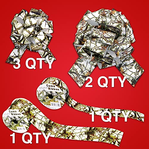 White Hunting Camo Ribbon & Bows Gift Wrapping Kit - 40 Yards of White Camouflage Ribbon and 5 Camo Bows for Gifts, Christmas and Crafts - Hunter Birthdays - (by Havercamp)