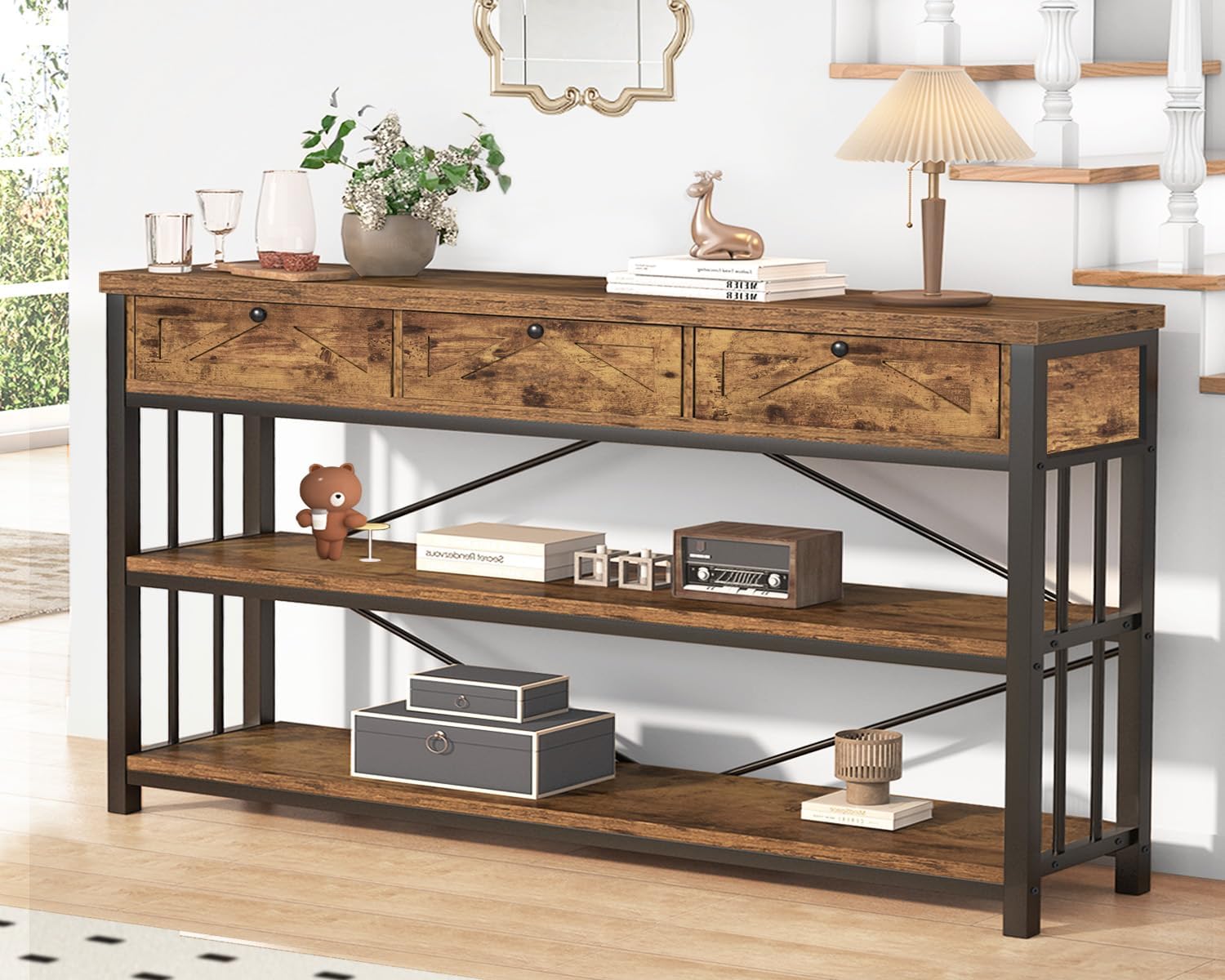 HSH Entryway Console Table with 3 Drawers, Wood Metal 3 Tier Sofa Table with Storage Shelf for Hallway, Farmhouse Industrial Entry Tables Behind Couch for Living Room Kitchen, Rustic Brown, 55 inch