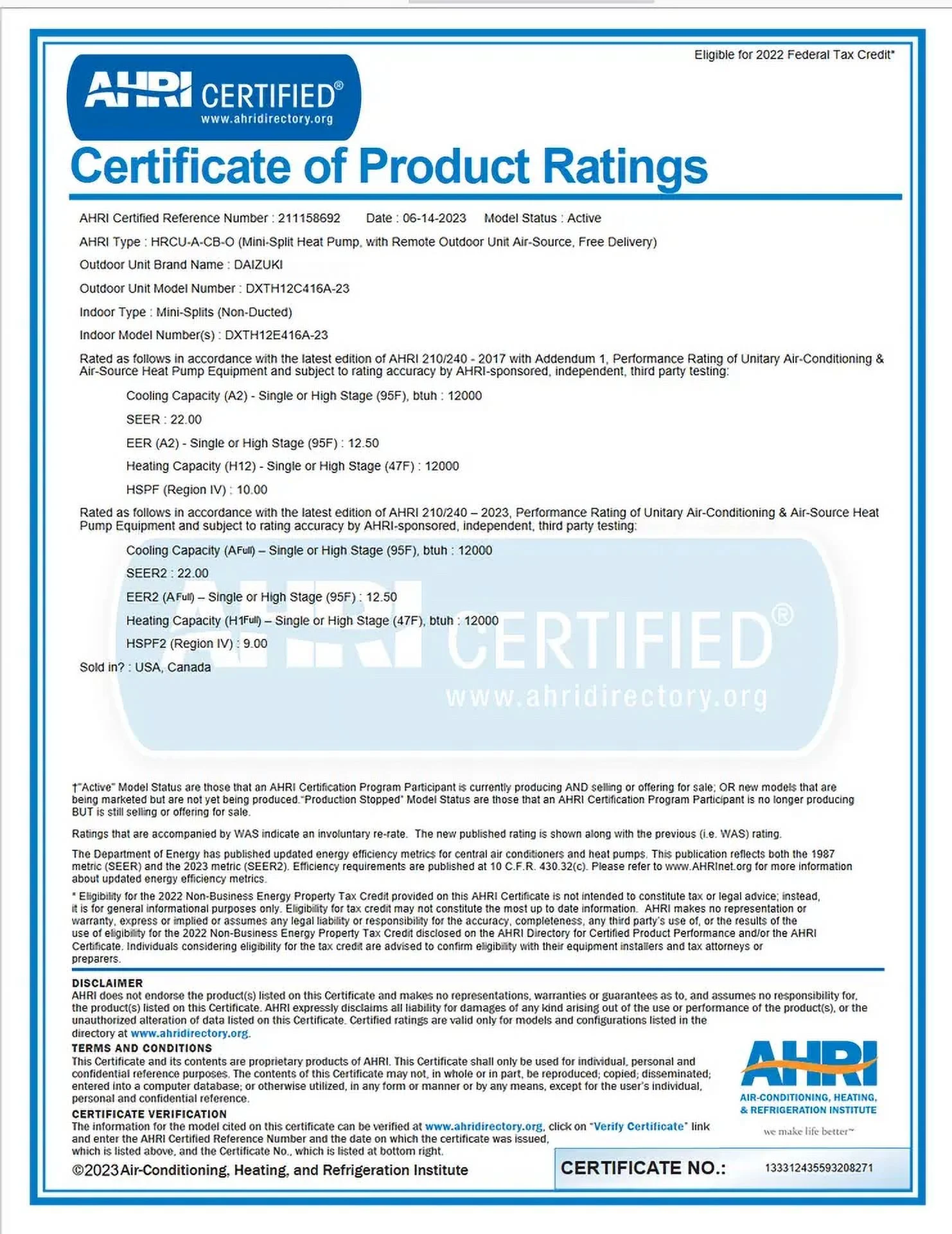 Daizuki® 12,000 BTU 22 SEER2 Ductless Mini-Split Inverter+ Air Conditioner Heat Pump System Full Set 110V. WIFI Included.