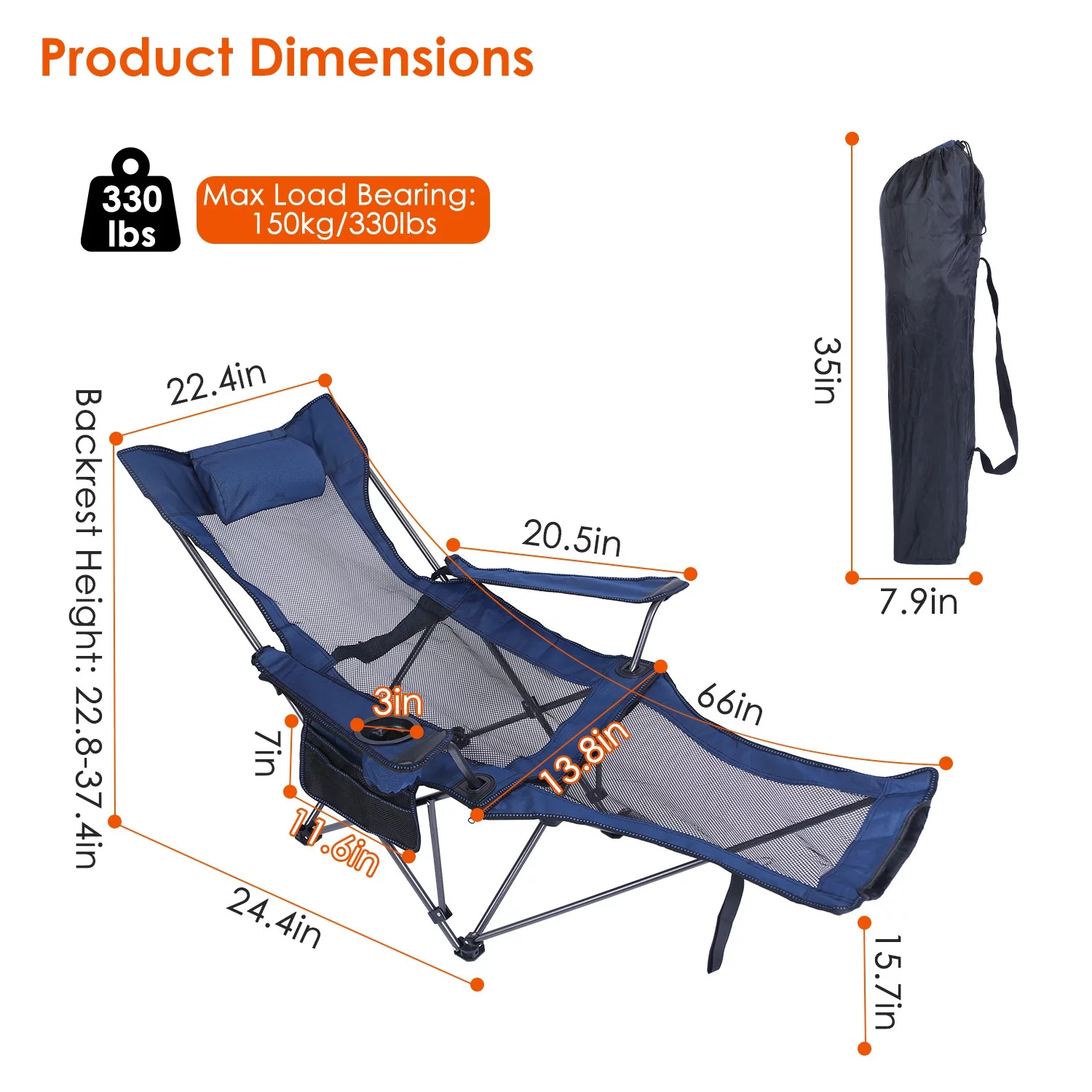 Reclining Camping Chair, iMounTEK Heavy Duty Steel Lawn Chair with Cup Holder Pillow Side Pocket Carry Bag, 330lbs Capacity