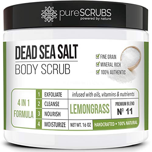 pureSCRUBS Premium Eucalyptus Body Scrub Set - Large 16oz Dead Sea Salt Body Scrub With Infused Essential Oils & Nutrients, Includes Wooden Spoon, Loofah & Oatmeal Exfoliating Bar Soap
