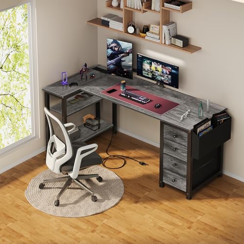 Lufeiya L Shaped Gaming Desk with Drawers & Storage Shelves, 47 Inch Reversible Corner Computer Desk with Power Outlet for Home Office Bedroom, L-Shaped Teen PC Desks with Fabric Drawer, Black
