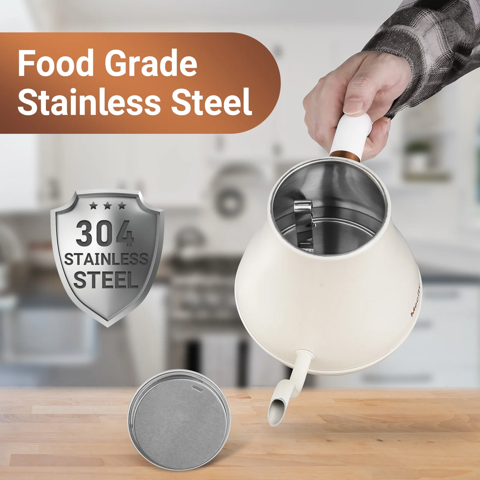 Mecity Electric Kettle Gooseneck Water Kettle Stainless Steel Tea Kettle Water Boiler Fast Heating, Auto Shut Off, 0.8 L, 1000W, White