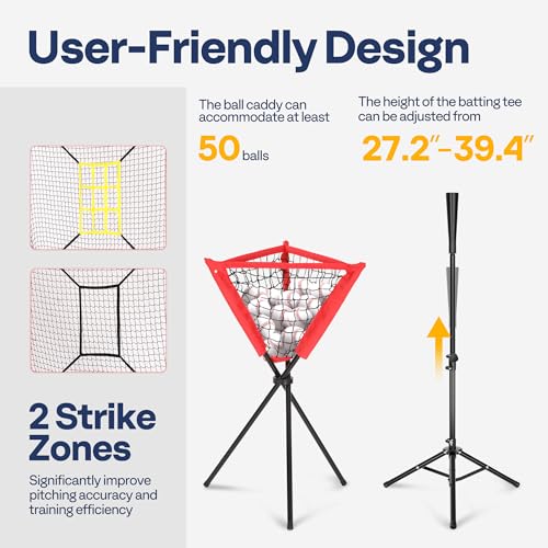 VIVOHOME Baseball Softball Hitting Net with Large Ball Collection System, 7 x 7 ft Baseball Batting Pitching Net with Tee, 2 Strike Zone, Carry Bag