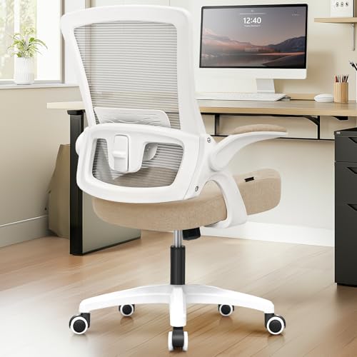 NEO CHAIR Office Desk Chair Computer High Back Mesh Gaming Seat with Ergonomic Adjustable Comfy Flip-up Armrests Lumbar Support Height for Home (Beige)