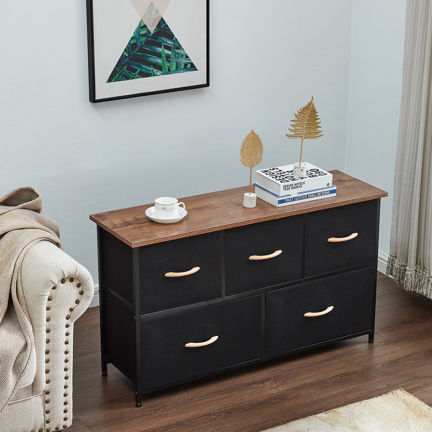 Dresser Storage Organizer, 5 Drawer Dresser Tower Unit for Bedroom Hallway Entryway Closets, Small Dresser Clothes Storage with Wide Sturdy Steel Frame Wood Top