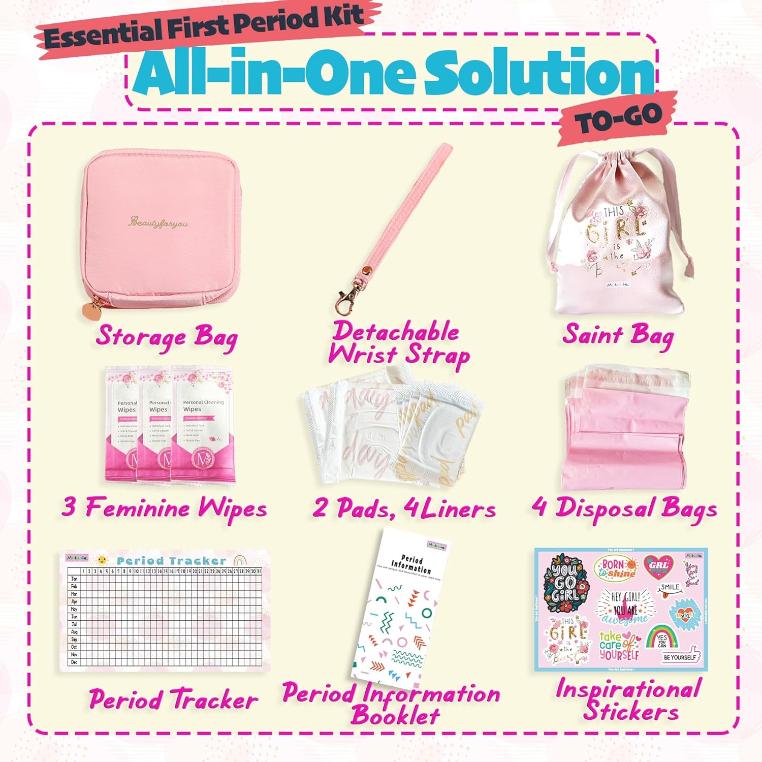 Essential Period Kit for Girls | MultipieYo First Period kit for Girls 10-12 | Period Bags for Teen Girls for School | First Period Gift with Sanitary Pad Storage Bag, Wipes, Period Tracker and More