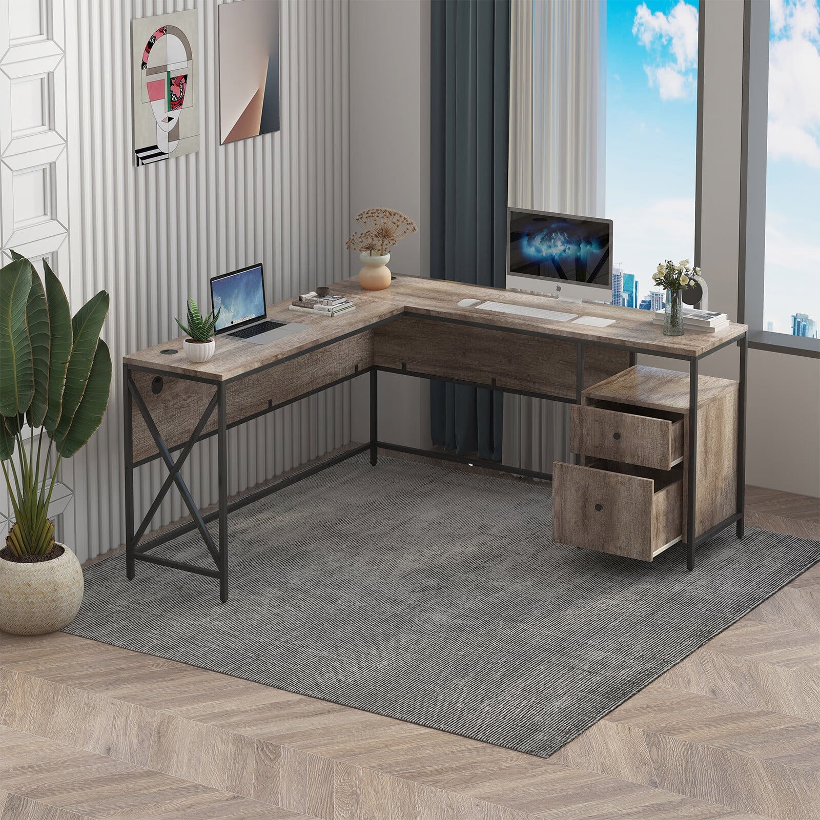 CECER L Shape Computer Desk with Large Surface, Corner Gaming Desk with Storage Drawers, Gaming Table Modern Home Office Desk Workstation, Brown