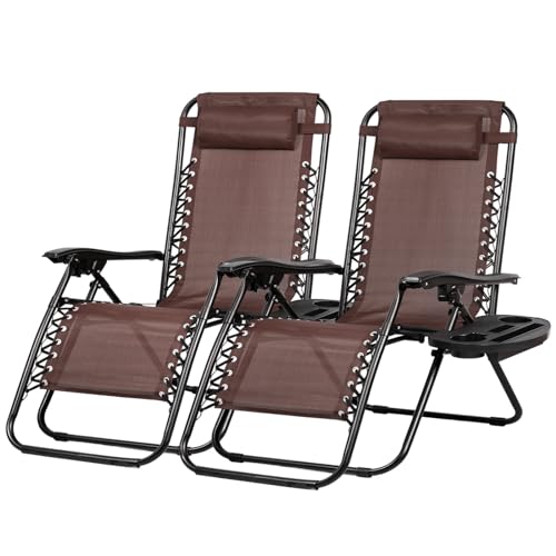Nazhura Set of 2 Relaxing Recliners Patio Chairs Adjustable Steel Mesh Zero Gravity Lounge Chair Beach Chairs with Pillow and Cup Holder (Dark Green)