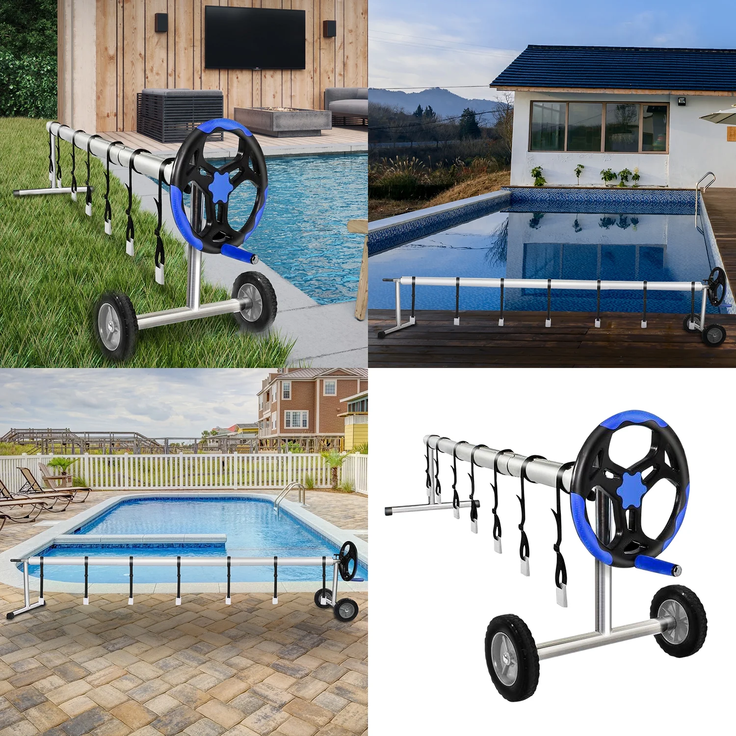 FULLWATT 20 Ft Pool Cover Reel Set Aluminum Inground Swimming Pool Solar Cover Blanket Reel Roller (Blue)