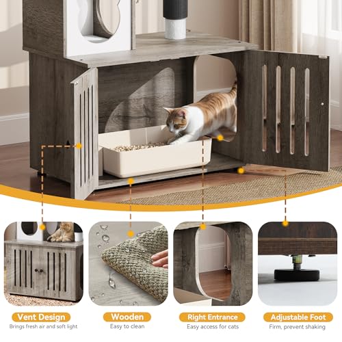 YITAHOME Cat Tree with Litter Box Enclosure, 2-in-1 Cat Furniture, Modern Cat Condo, Indoor Cat Tower with Wood House, Perch, Food Station, Hammocks, Scratch Post, Hair Brush, 59 Inch, Gray