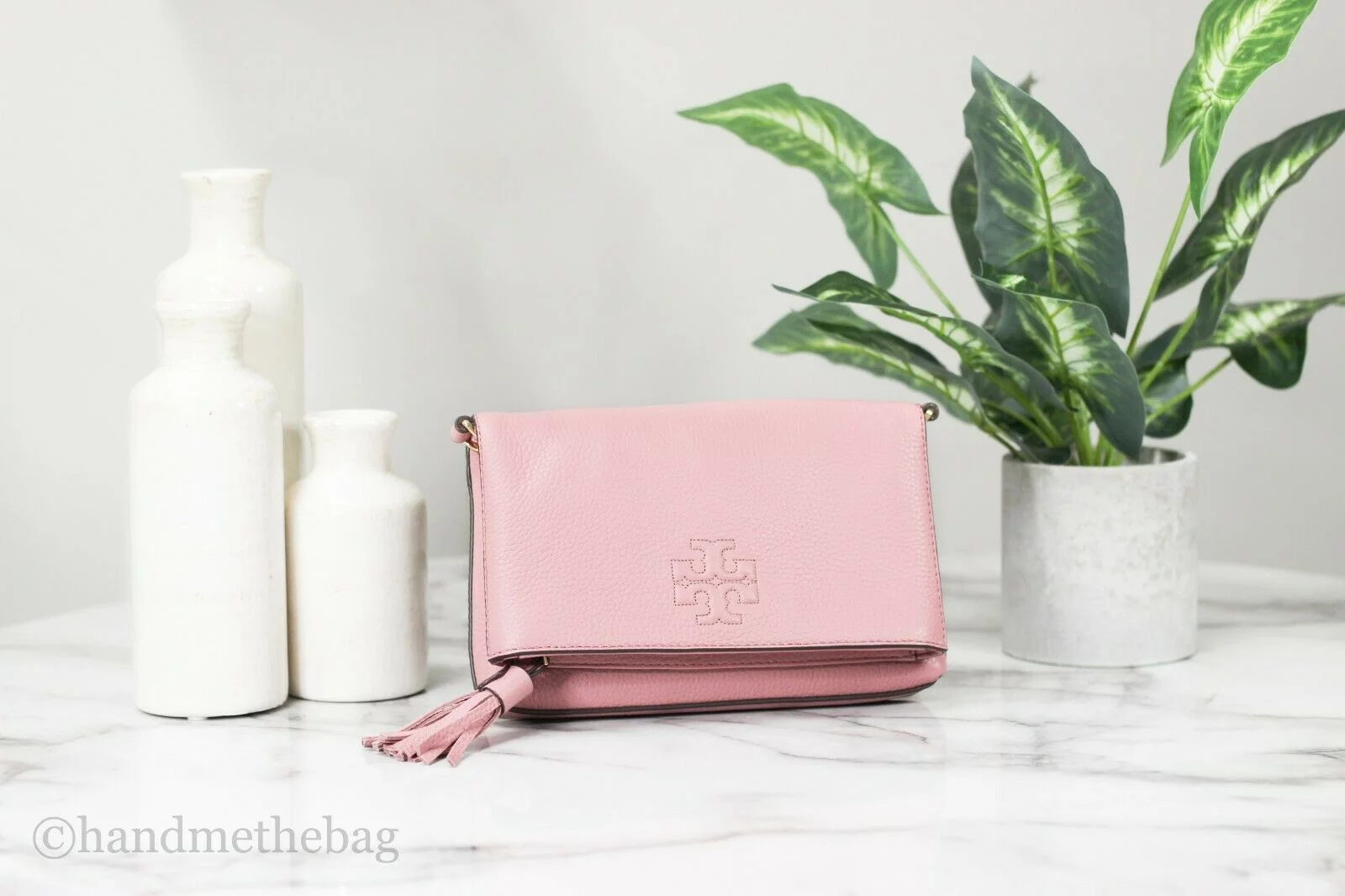 Tory Burch (67291) Thea Mini Pebbled Leather Foldover Crossbody Bag Clutch Handbag (Pink Magnolia)