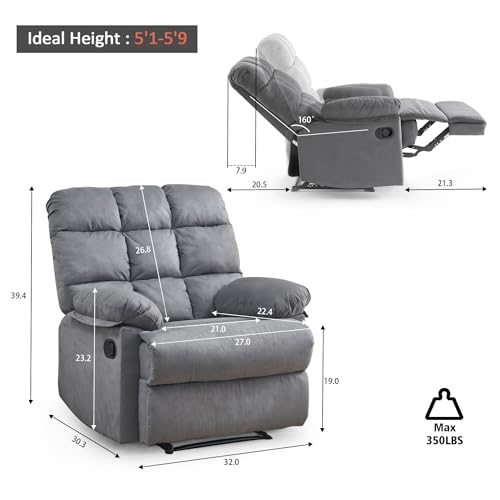Rocker Recliner Chair for Adults, Overstuffed Large Manual Rocking Recliner, Upholstered Soft Fabric Living Room Reclining Sofa Chair(Gray)