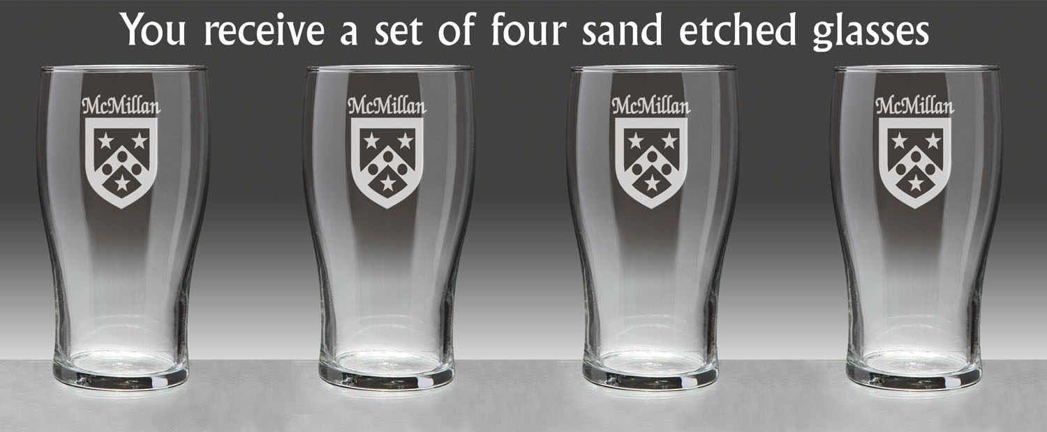 McMillan Irish Coat of Arms Tavern Glasses - Set of 4 (Sand Etched)
