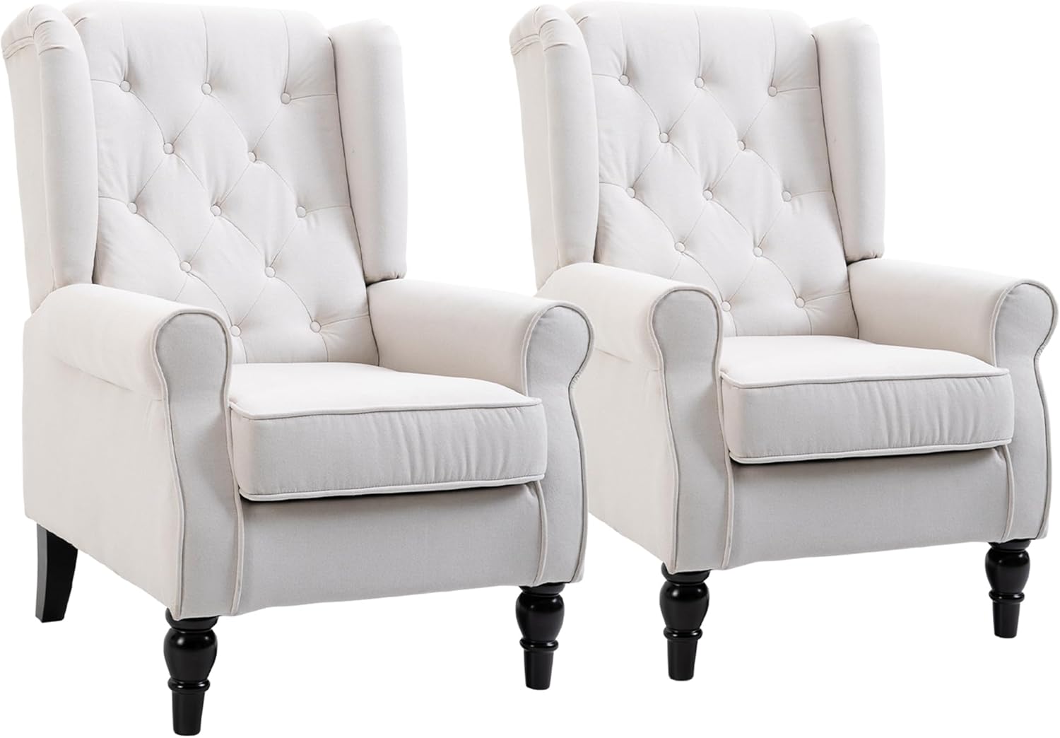 HOMCOM Button-Tufted Accent Chair with High Wingback, Rounded Cushioned Armrests and Thick Padded Seat, Set of 2, Cream White