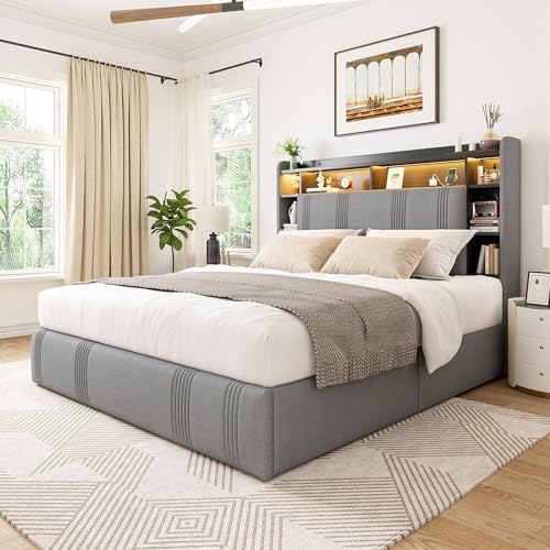 EnHomee King Size Bed Frame with 4 Storage Drawers, Upholstered Platform King Bed Frame with Headboard & LED Lights & Charging Station, Noise Free, No Box Spring Needed, Beige