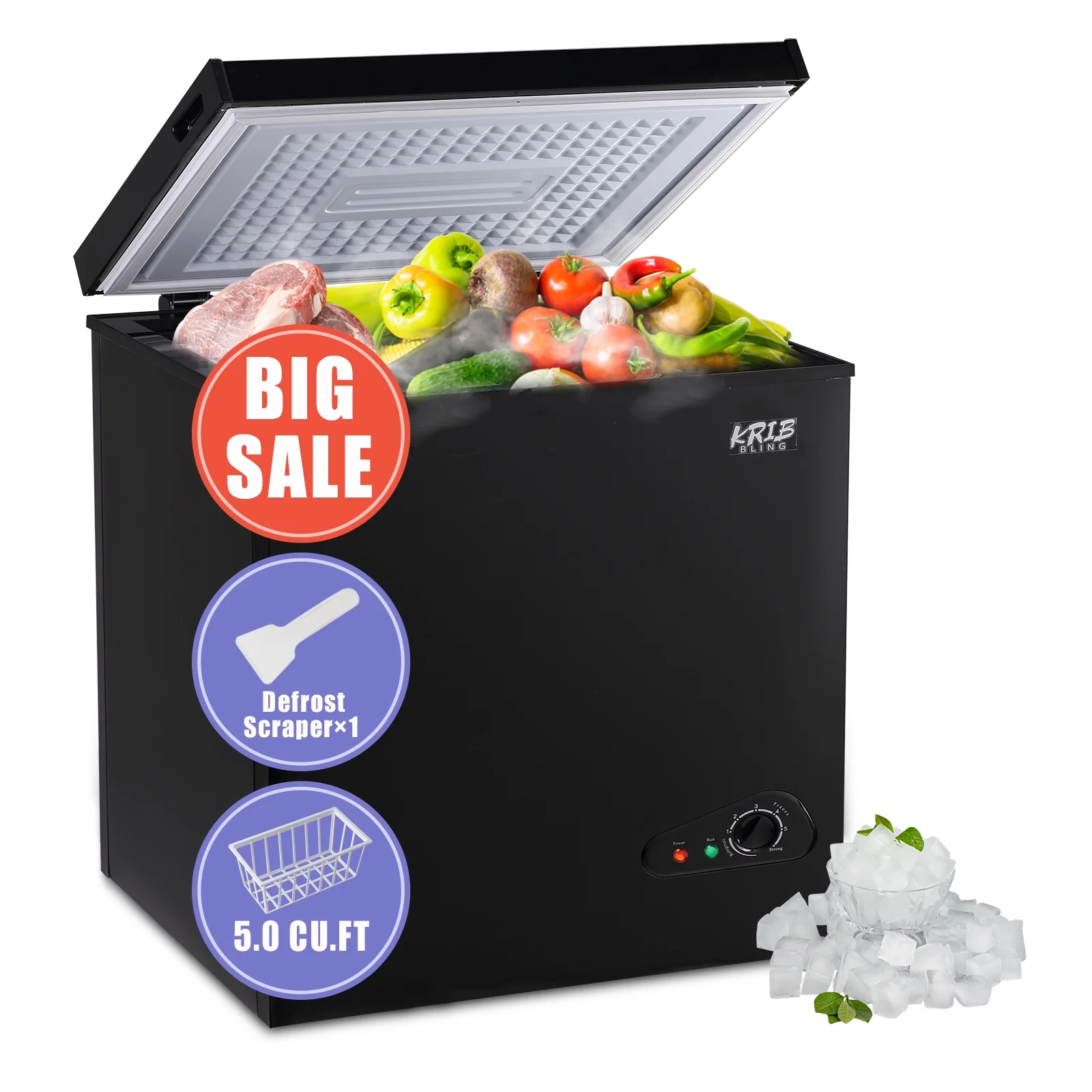 KRIB BLING Deep Freezer with Removable Basket, 5.0 Cu.ft Chest Freezer with 3 Grade Thermostat, Ideal for Basement, Office, Black
