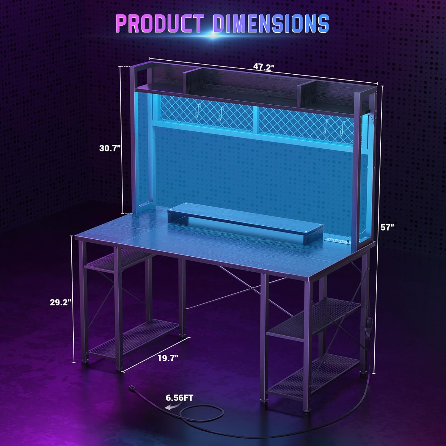 Gaming Desk with Hutch - 47 Inch Computer Desk with LED Lights & Power Outlet, Home Office Writing Desk with Storage Shelf and Monitor Stand, Black