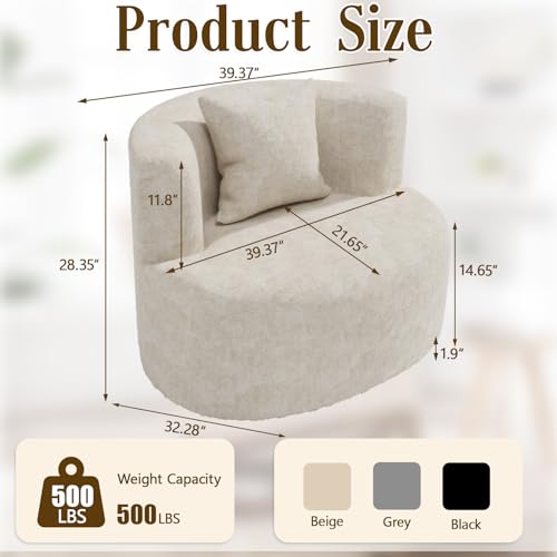360° Modern Swivel Accent Chair, Comfy Swivel Barrel Chair, Upholstered Round Chair with Pillow, Round Reading Chair for Living Room, Nursery, Bedroom, Gray