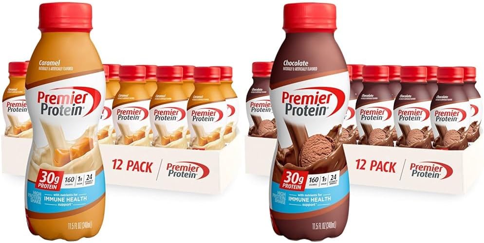 Premier Protein Shake Caramel & Chocolate Flavors, 30g Protein, 1g Sugar, 24 Vitamins & Minerals, 11.5 oz Bottle (12 Pack Bundle)