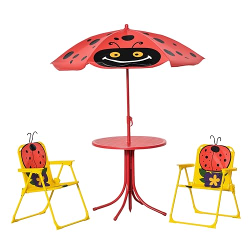 Outsunny Kids Table and Chair Set, Outdoor Folding Garden Furniture, Picnic Table for Patio Backyard, with Removable & Height Adjustable Sun Umbrella, Aged 3-6 Years Old,White