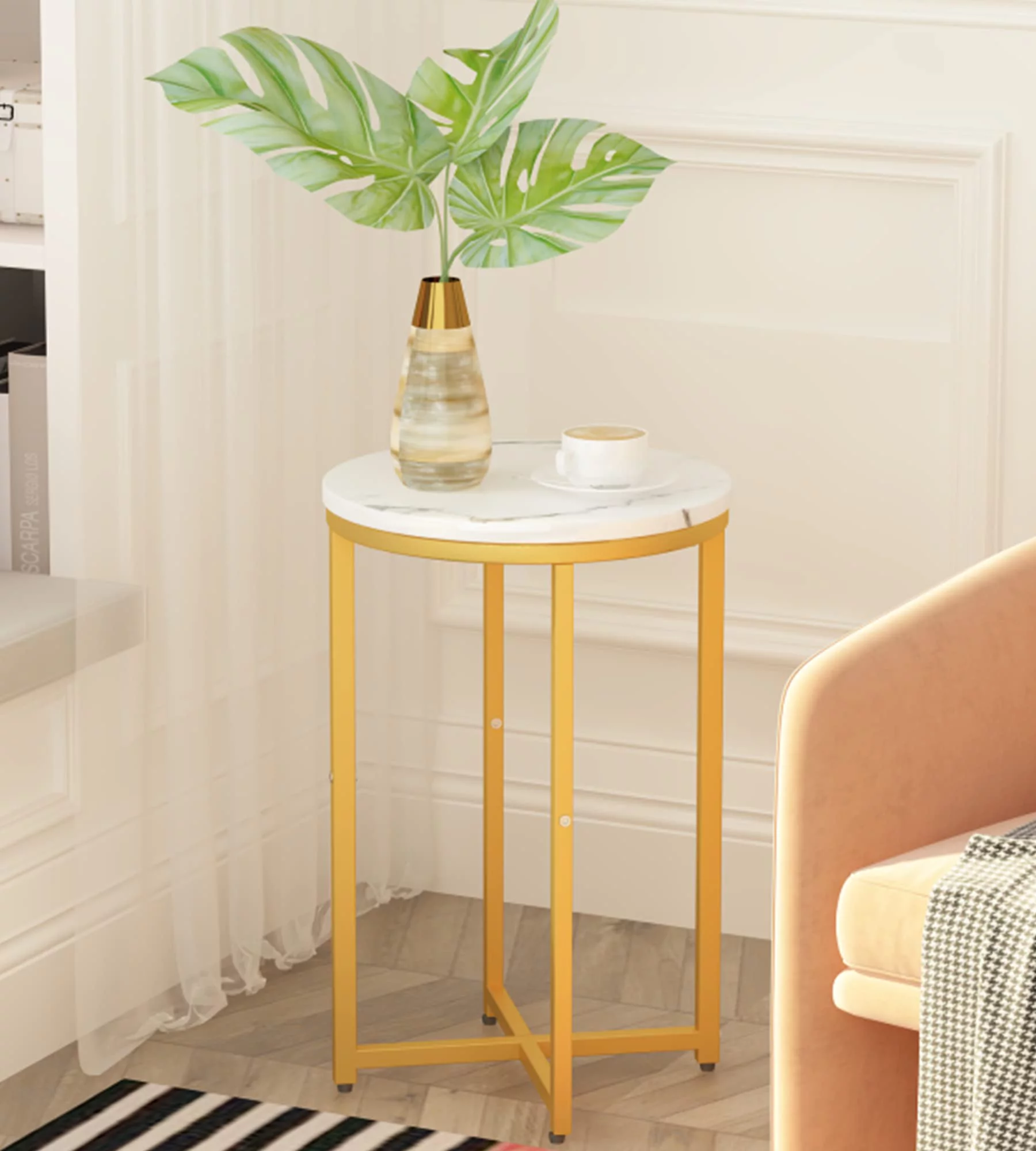 AWQM Round End Table, Faux Marble Side Table with Metal Frame,Small Coffee Table,Modern Accent Table Nightstand Home Decor for Living Room Bedroom Office, White+Gold