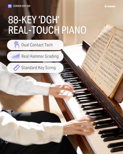 Donner DDP-100 88-Key Weighted Action Digital Piano, Beginner keyboard piano Bundle with Furniture Stand, Power Adapter, White