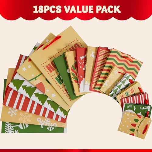 JOYIN 18 PCS Christmas Bags Assorted Sizes Kraft Treat Candy Bags (Small 5.5” Medium 9” Large 13”) for Xmas Party Favors Decoration, Holiday Present Wrapping, Thanksgiving Gift Decor