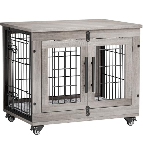 Lulive Dog Crate Furniture for Medium Dogs, 32'' Dog Kennel Indoor with Cushion & Wheels Wooden Dog Cage Double Doors Dog Crate End Table, Grey