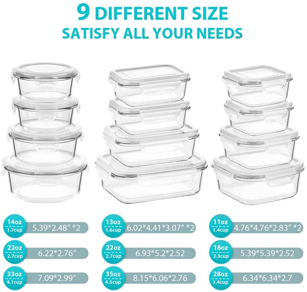Glass Food Storage Containers with Lids, [24 Piece] Glass Meal Prep Containers, Airtight Glass Bento Boxes, BPA Free & Leak Proof (12 lids & 12 Containers) - Blue