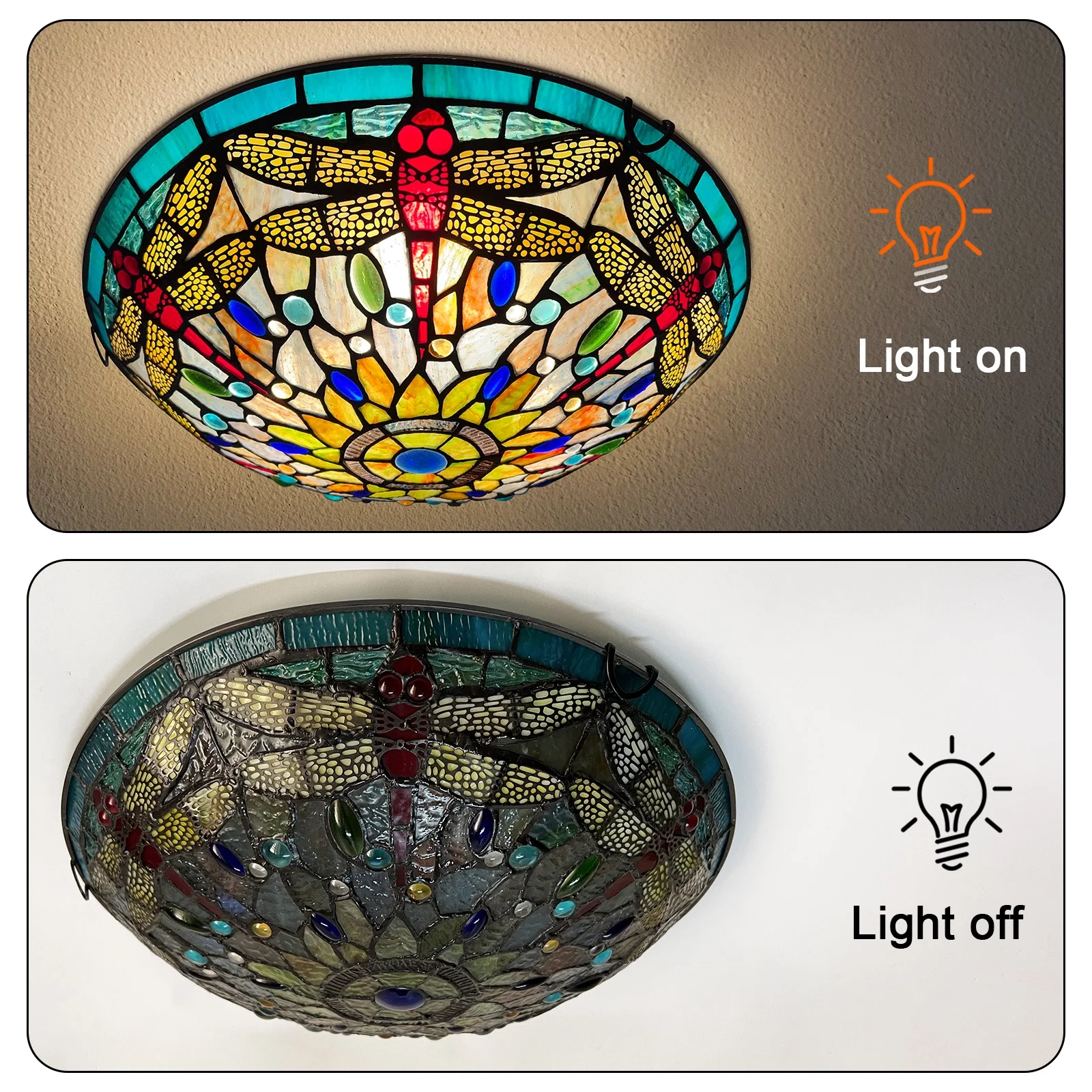 Tiffany Ceiling Light 16 Inch 3-Light Red Dragonfly Stained Glass Flush Mount Light