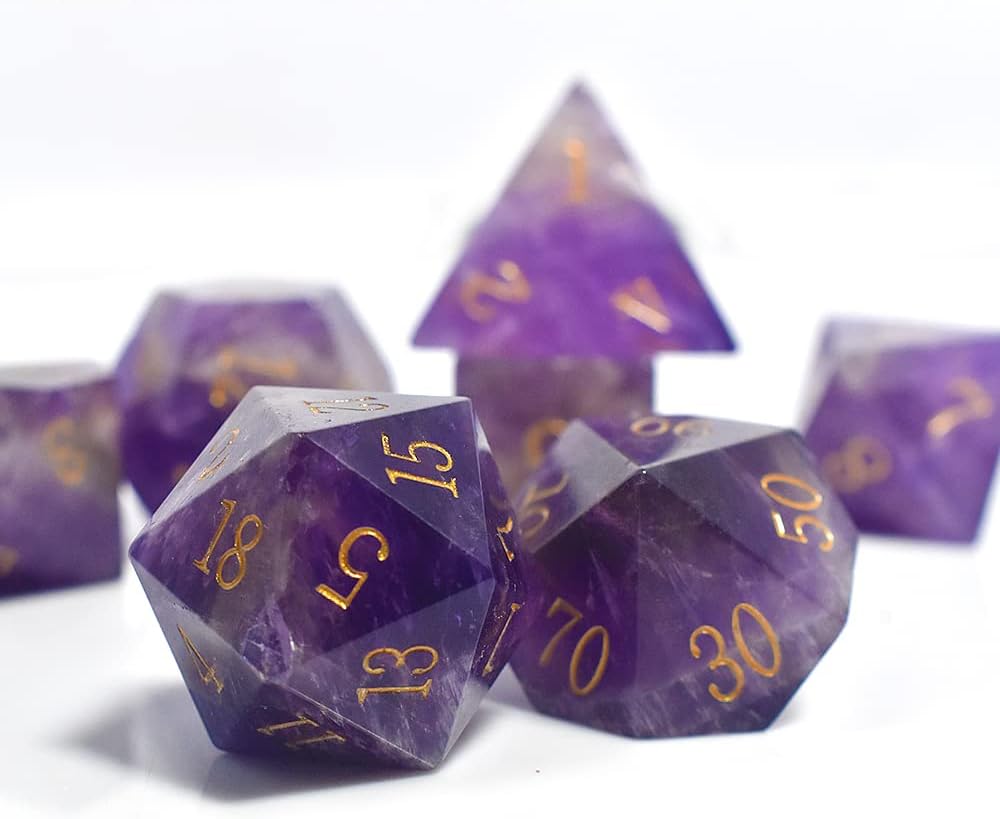 Natural Gemstone DND Dice Set,7 Pcs Amethyst Crystal Handmade Polyhedral D&D gem Dices with Gift Metal Box for Dungeons and Dragons MTG Role Playing Games Natural Stone d and d Dice