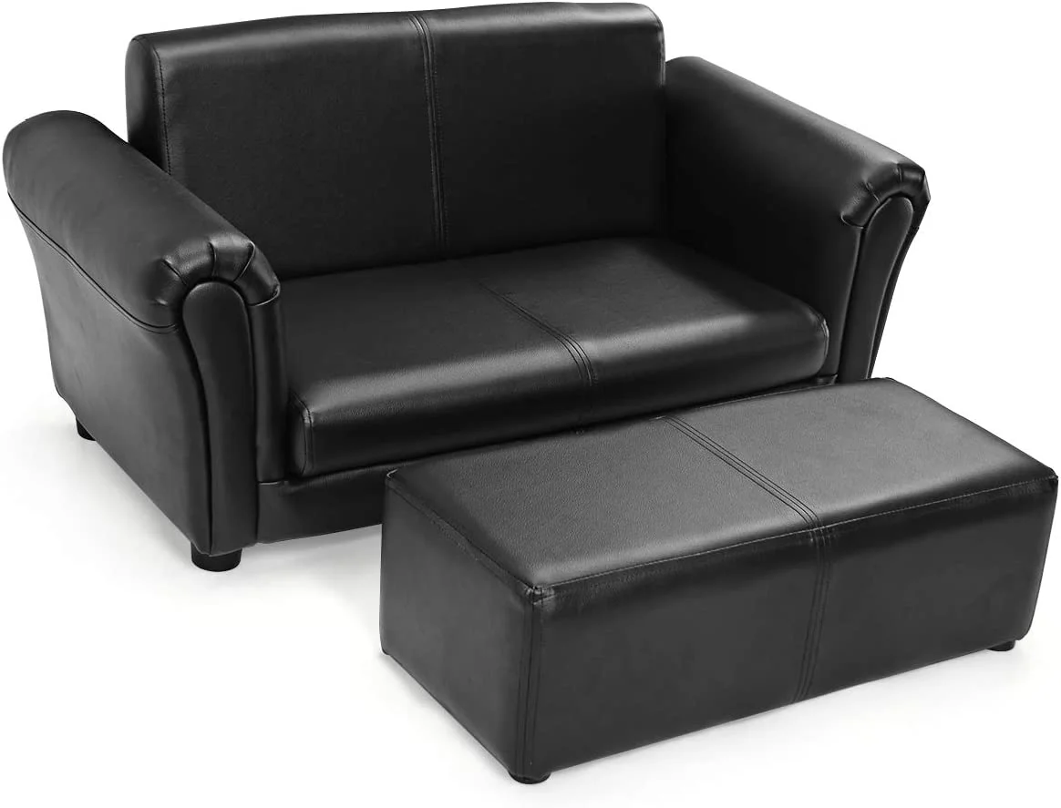 Kids Sofa, 2 Seat Toddler Couch Lounge Bed with Ottoman, Sturdy Wood Construction, Children PU Leather Upholstered Loveseat Armrest Chair for Bedroom Living Room, Double Seat w/Stool (Black)