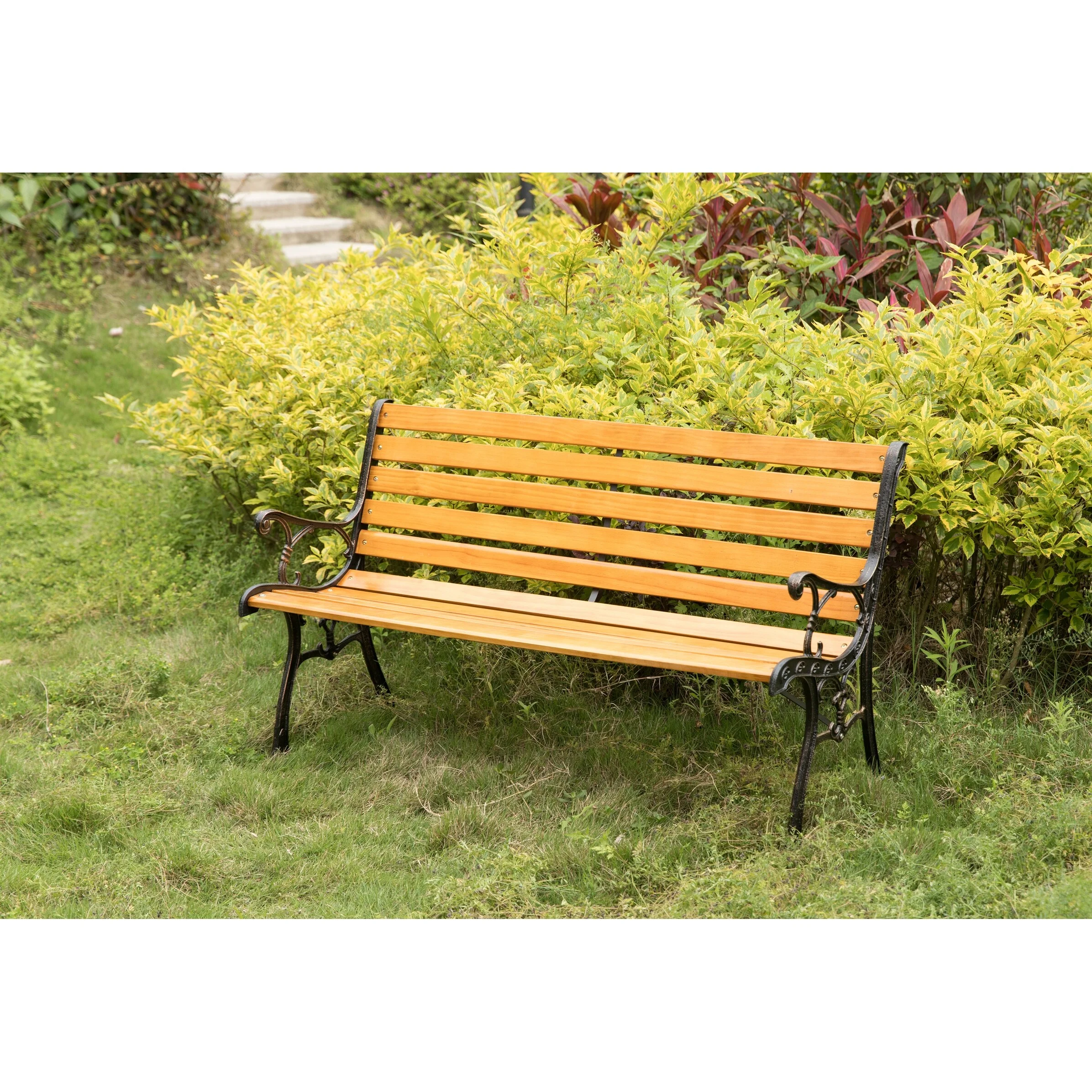 Gardenised  Wooden Outdoor Park Patio Garden Yard Bench with Designed Steel Armrest & Legs