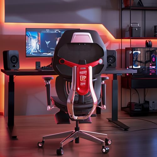 ES2T Computer Desk Gaming Chair with 2-Piece Protrusion Adjustable Lumbar Support Trackmaster 6D Armrest Height Adjustable with 2D Leather Headrest 136° Tilt for Office and Gaming