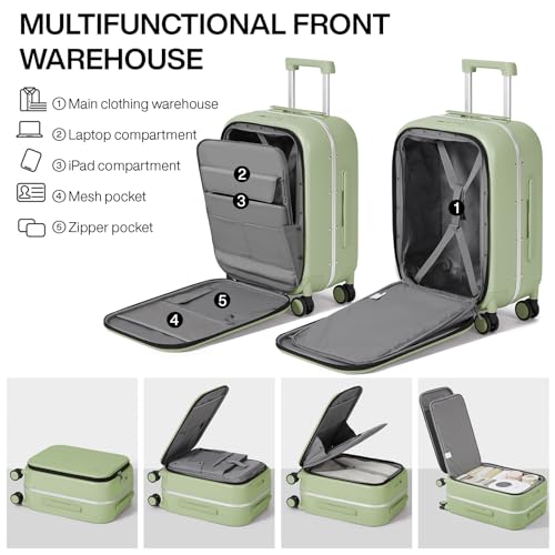 mixi Carry On Luggage, 20'' Suitcase with Front Laptop Pocket, Travel Rolling Luggage Aluminum Frame PC Hardside with Spinner Wheels & TSA Lock and Cover - Smoke White