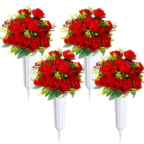 4 Sets Artificial Cemetery Flowers for Grave Memorial Day Rose Bouquet 8 Bunches Silk Cemetery Flower Decoration with Grave Vase for Funeral Flowers Outdoor Graveside Tombstone(White, Red)