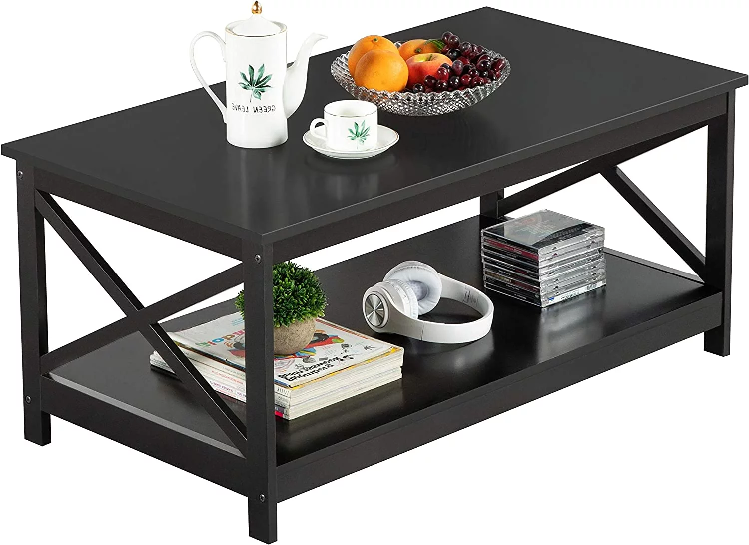 X-Design Black Coffee Table with Lower Storage Shelf Cocktail Table for Living Room/Apartment/Dormitory, Black