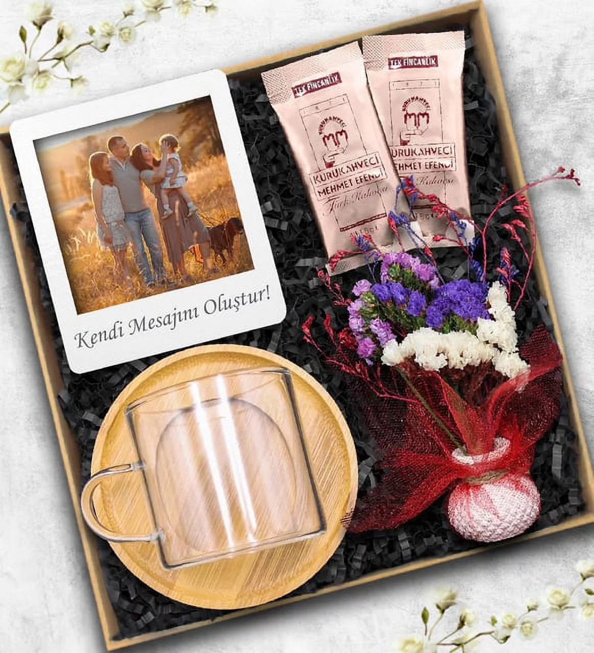 Personalized Photo Frame & Dry Flower Bouquet & Bambulu Glass Cup & 2 Piece Turkish Coffee Gift Set