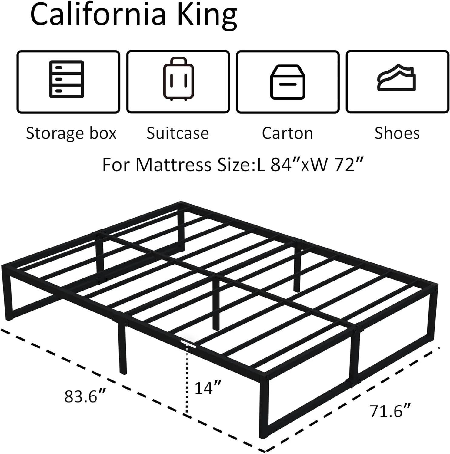 Lutown-Teen 14 Inch California King Bed Frames No Box Spring Needed Heavy Duty Metal Cal King Platform for Mattress Foundation, Noise Free, Easy Assembly, Black