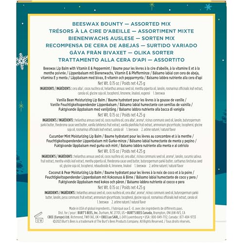 Burt's Bees Christmas Gifts, 4 Lip Balms Stocking Stuffers Products, Beeswax Bounty Fruit Mix - Watermelon, Pomegranate, Dragonfruit Lemon & Sweet Peach (4-Pack)