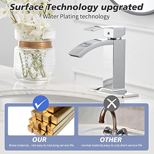 Brushed Nickel Vessel Sink Faucet, Waterfall Bathroom Faucets, Tall Spout Single Handle Single Hole Bathroom Faucets with Pop Up Drain and Without Overflow Basin Faucet Supply Line